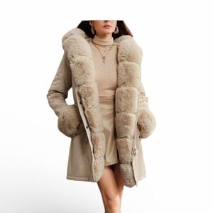 Women's Cream Fur-Trimmed Puffer Coat